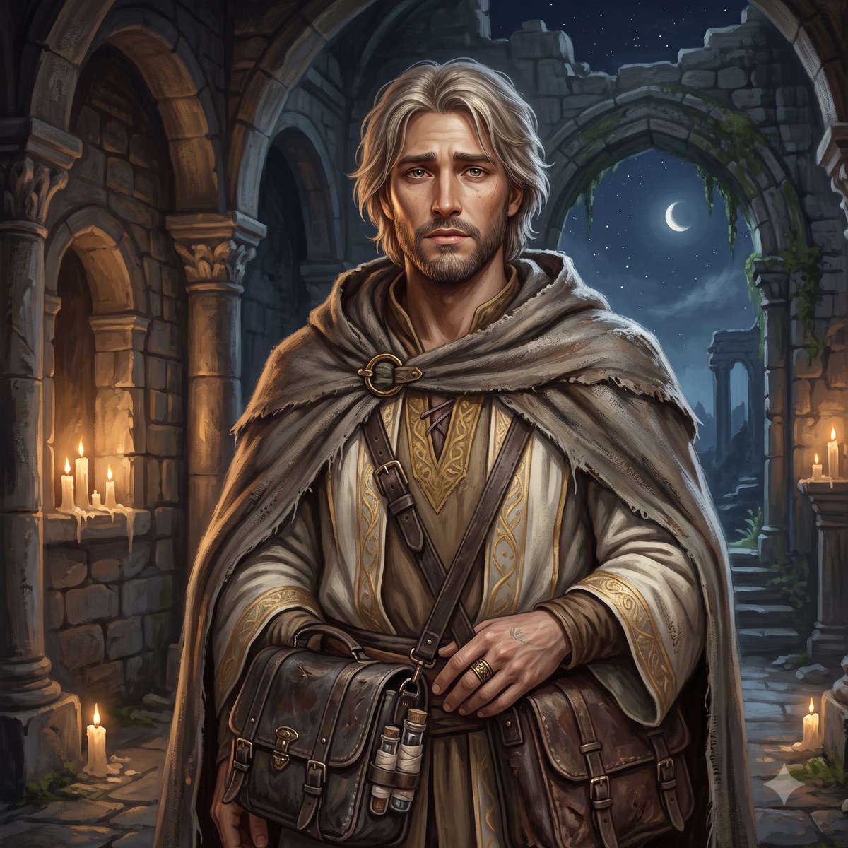 Portrait of Caelis Orrow, exiled healer with prophetic dreams